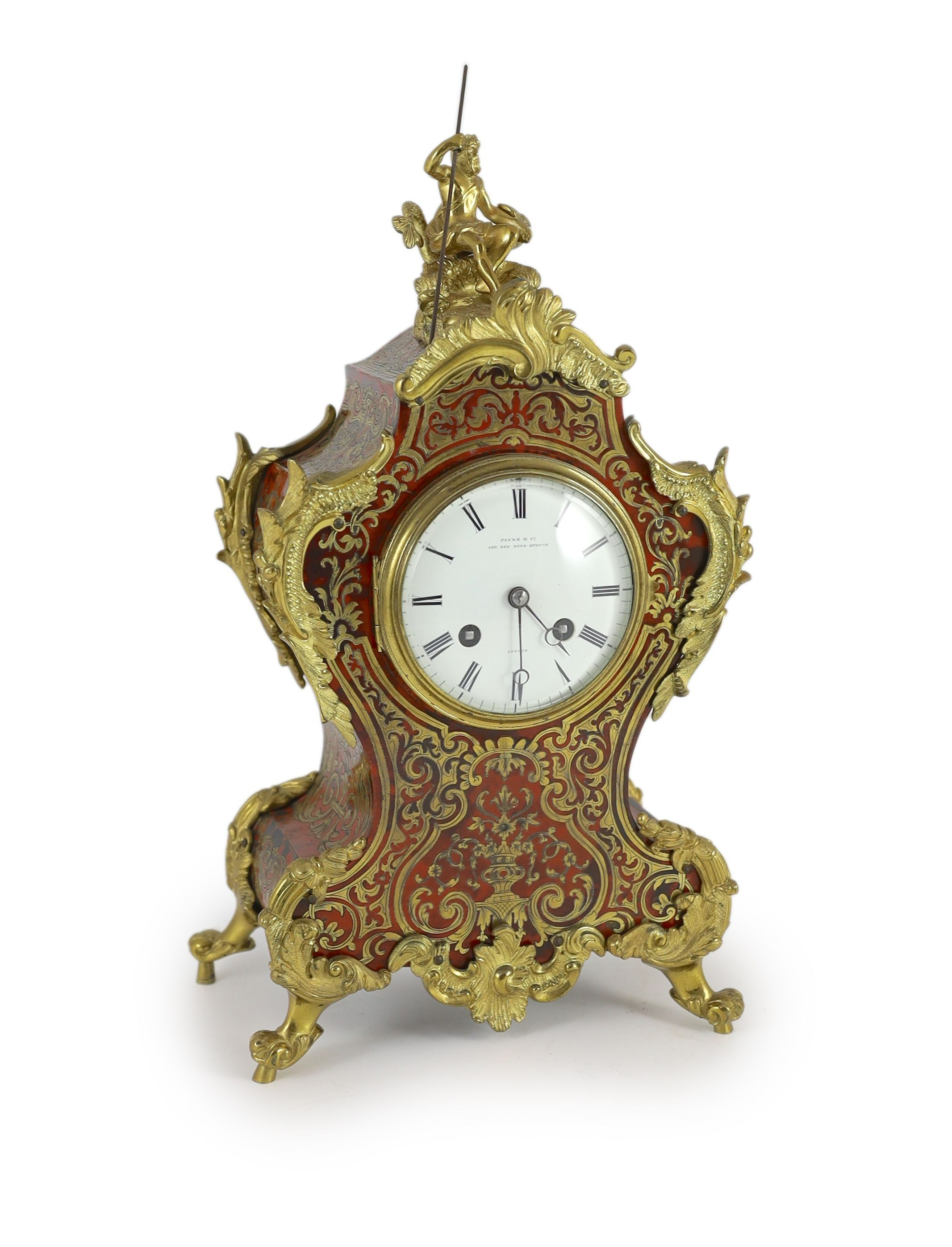 Payne & Co, 162 New Bond Street, London. An early 20th century ormolu mounted red boulle mantel clock, width 20cm, depth 12cm, height 37cm